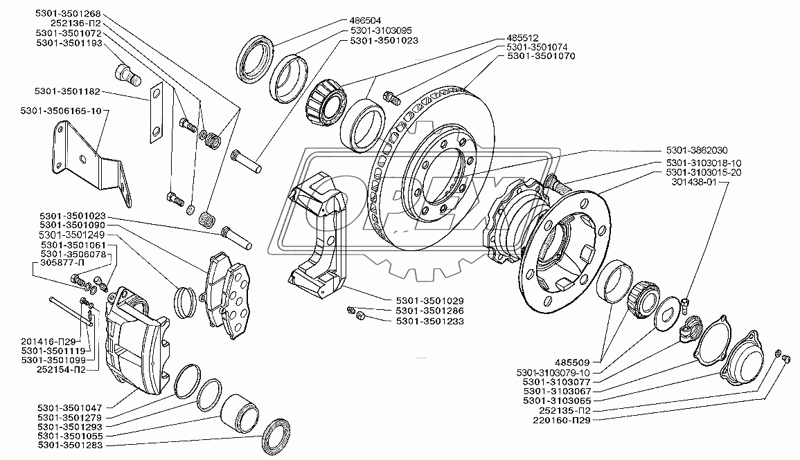 Тормозной механизм и ступица переднего колеса (вариант с усиленной передней осью)